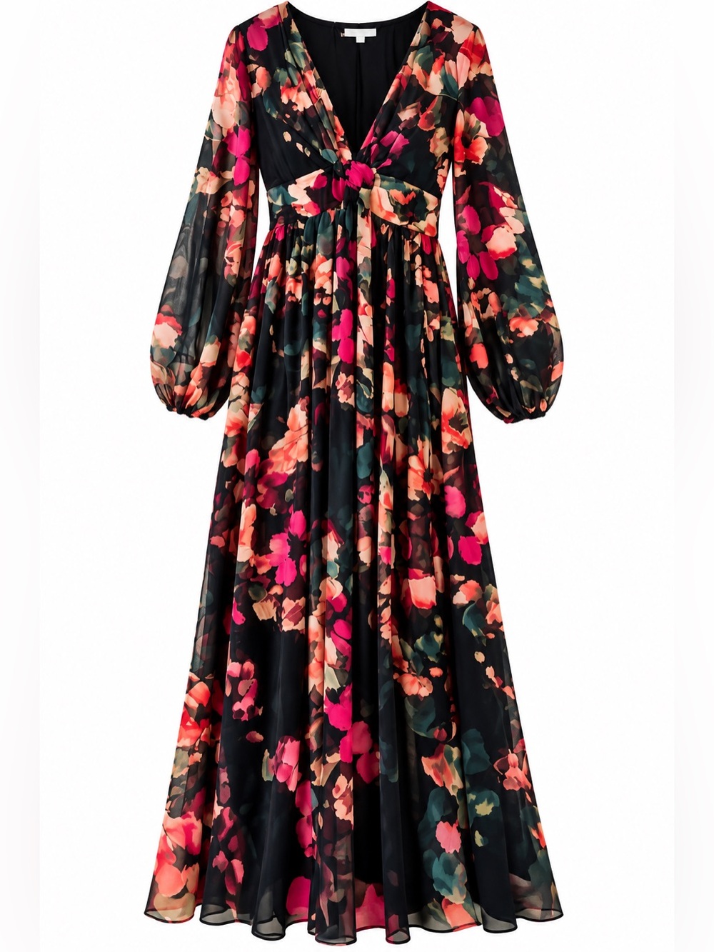 Black Floral Long Sleeve V-Neck Maxi Dress